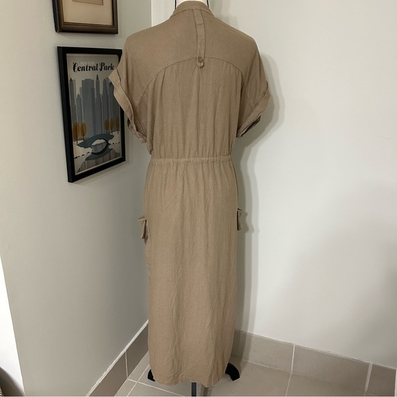 Zara Tan Linen Midi Dress with Dolman Sleeves and Mandarin Collar - Picture 2 of 8